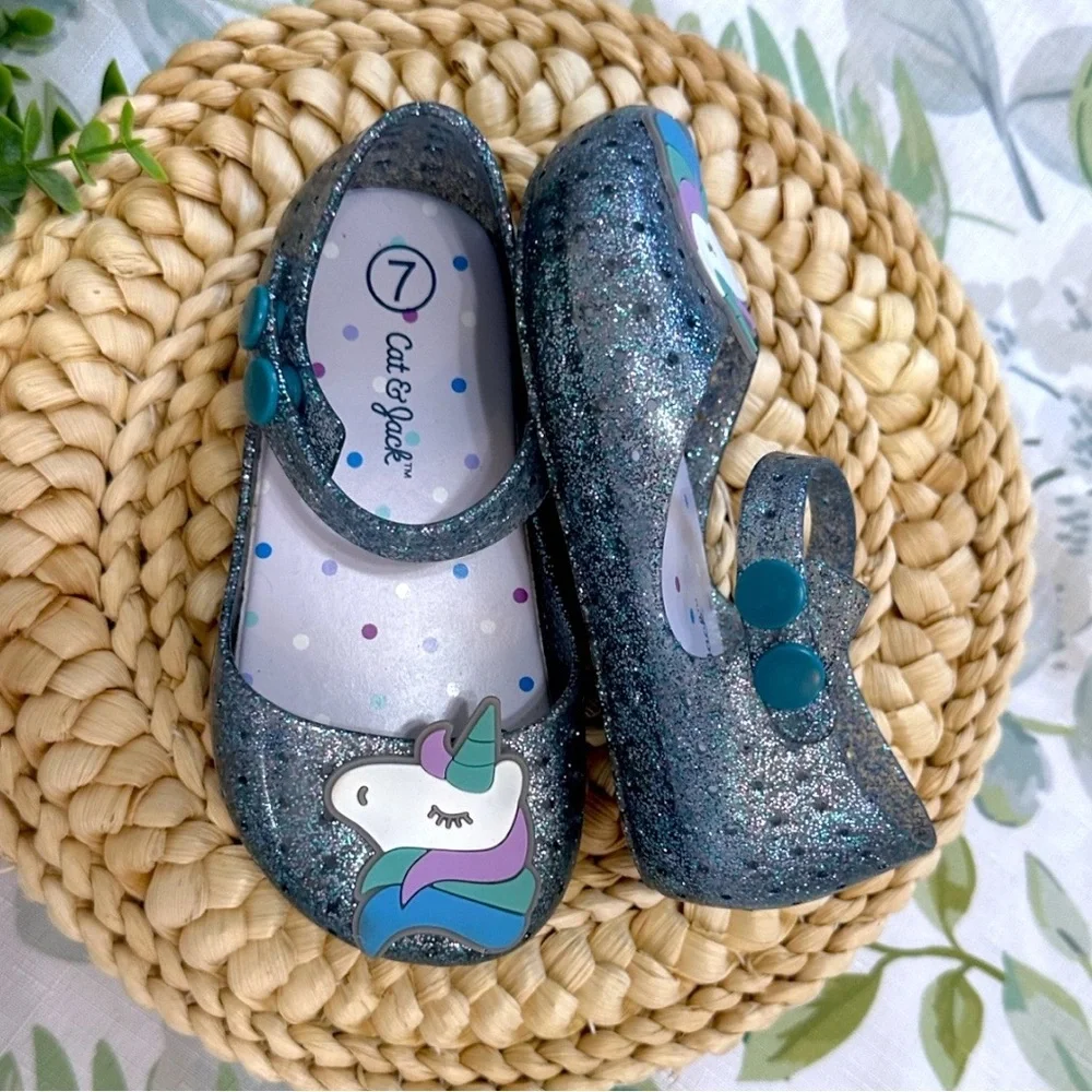 New Cat & Jack Toddler Girl’s Glitter Unicorn Jelly Sandals Size 7